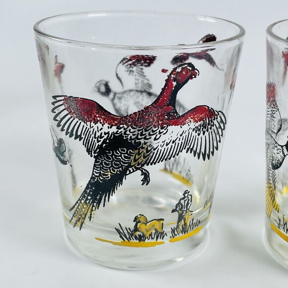 4 VTG Hazel Atlas Pheasant Hunter Low Ball Double Shot Barware Whiskey Glasses - Picture 5 of 10